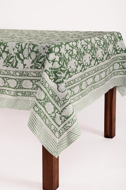 ATOSII Meraki Green 100% Cotton Fall Tablecloth, Handblock Print Rectangle Table Cover for Kitchen Dining Linen I Parties, Thanksgiving, Christmas, Wedding, Table Cloth I 72 X 140 Inches I 12 Seater