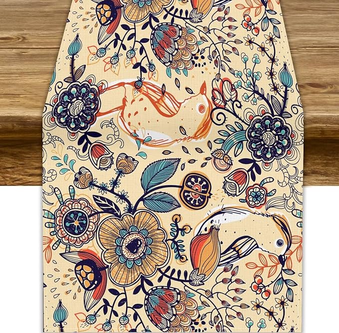 Vintage Paisley Table Runner, Boho Beige Paisley Flower Leaves Print Table by JanJCurt