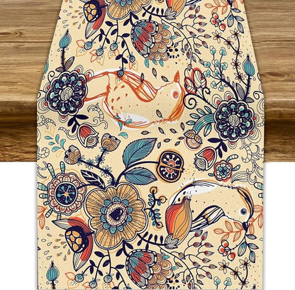 Vintage Paisley Table Runner, Boho Beige Paisley Flower Leaves Print Table by JanJCurt