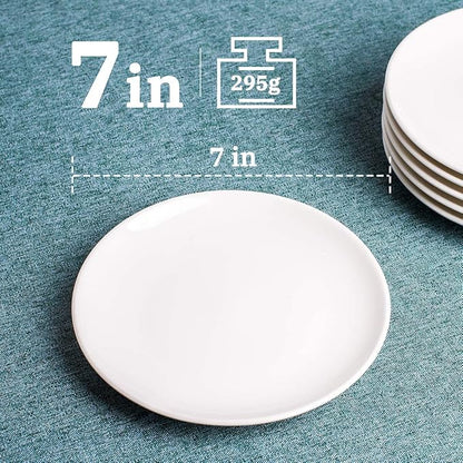DELLING Porcelain Appetizer Plates, 7 Inch White Dessert/Salad Plates - Small Dinner Plates for Sides, Snack, Pasta - Kitchen Ceramic Serving Dishes - Set of 6