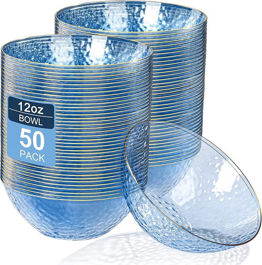 Rubtlamp 50 Pack Clear Blue Disposable Bowls, Clear Plastic Bowls with Gold Rim, 12-16oz Premium Heavy Duty Plastic Dinner Bowls for Party, Wedding and Holiday