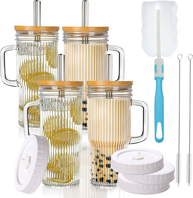 24oz Ribbed Glass Tumbler With Handle, Reusable Glass Iced Coffee Cups With lids by 24ozRibbedGlassCup
