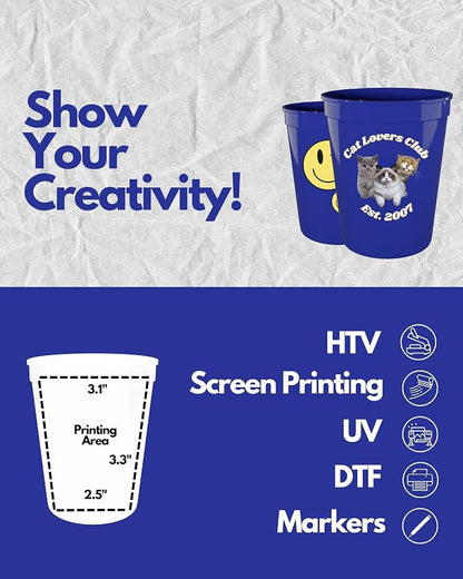 PartyPrints 100 Pack 16 oz Royal Blue Reusable Blank Plastic Cups, Stadium Cups - Image 3
