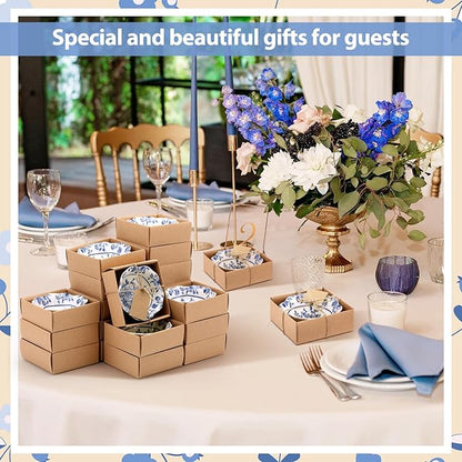 24 Pcs Wedding Favors for Guests Small Ceramic Bowl Bulk Gifts Set 3.3 Inch Floral Design Mini Dipping Sauce Dish with Card Box for Bridal Pooja Baby Shower Birthday Guest Gift (Blue)