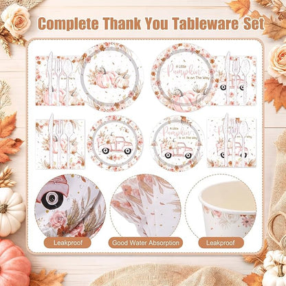450 Pcs Little Pumpkin Baby Shower Set Decorations, Serves 50 | Pink A Little - Image 3