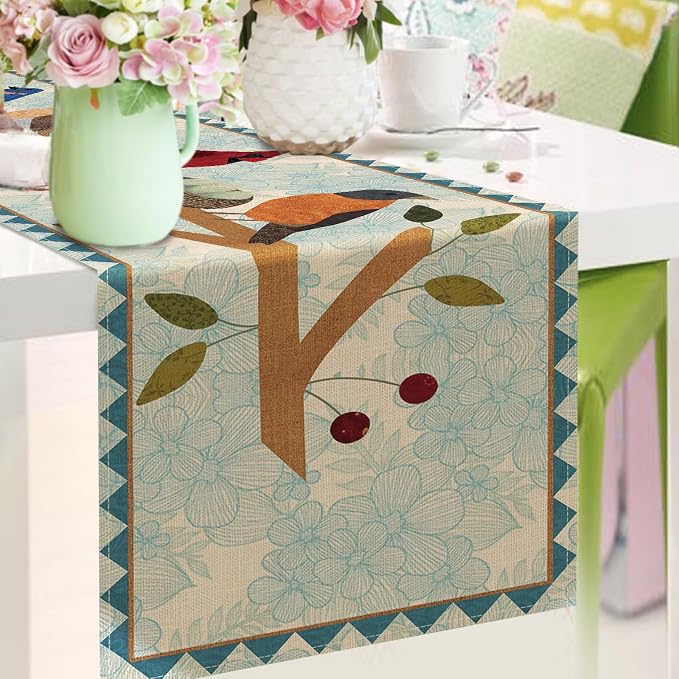 Seliem Spring Summer Birds Blue Table Runner, Cardinal Chickadee Bluebird | - Image 6