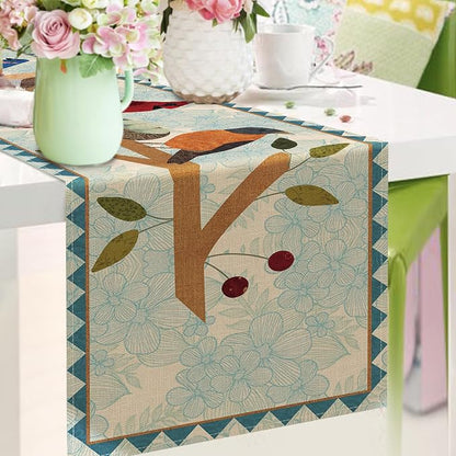 Seliem Spring Summer Birds Blue Table Runner, Cardinal Chickadee Bluebird | - Image 6