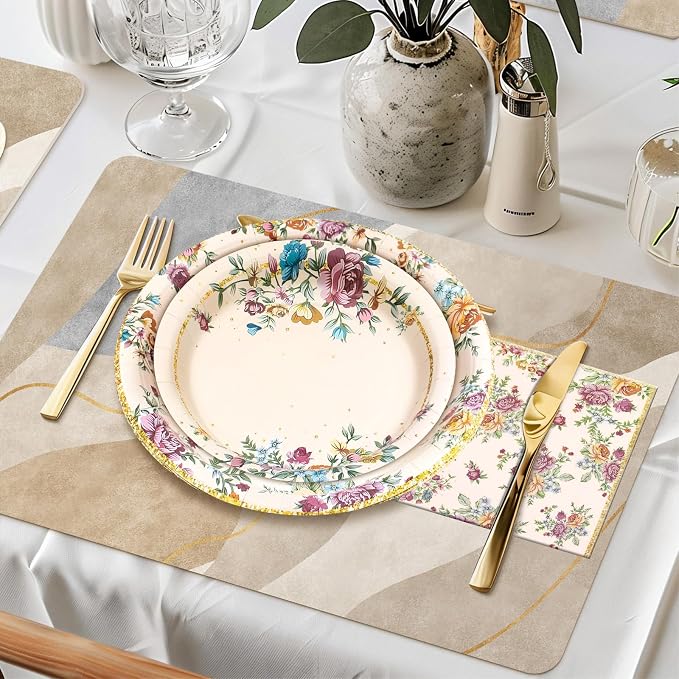180Pcs Vintage Floral Party Supplies Paper Plates and Napkins Serve 60 | - Image 7
