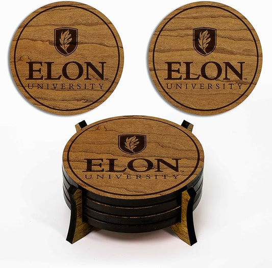LazerEdge Elon University Phoenixes Wooden Coaster Set - Cherry Wood - Officially Licensed Product - 4-Pack