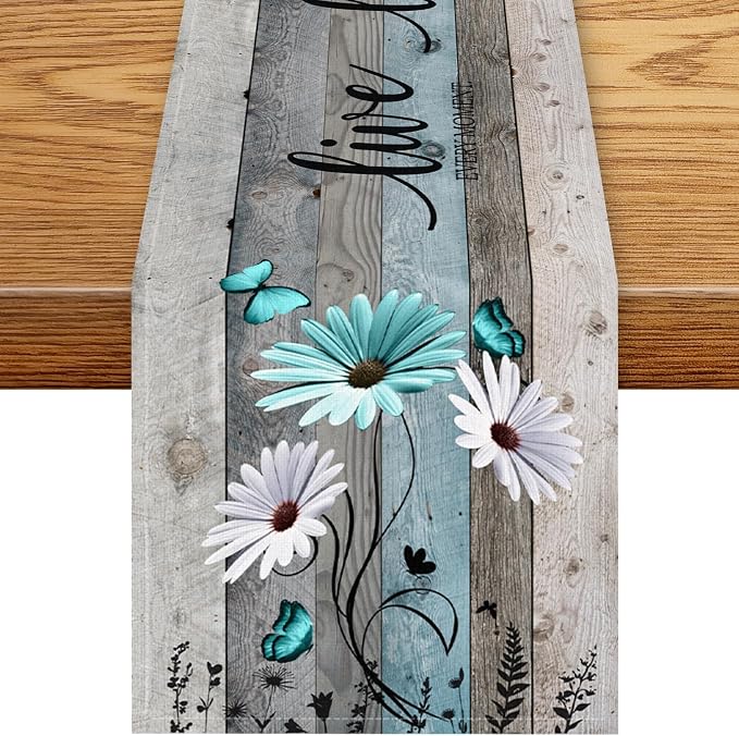 Daisy Floral Table Runner, Rustic Wild Flowers Wooden Boho Spring Butterfly by Unknown