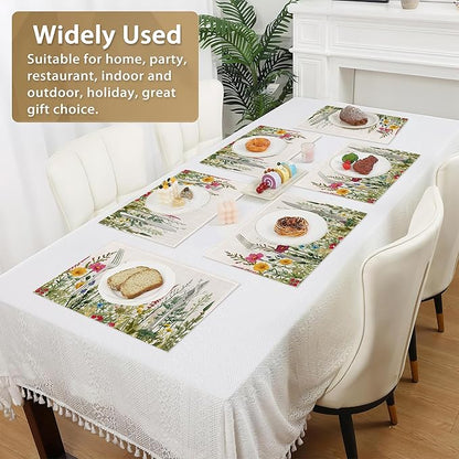 Set of 6 Washable Herbs and Wild Flowers Placemats Non-Slip Heat-Resistant 12x18 Inch Thick Decorative Linen Table Mats for Dining Table Home Décor