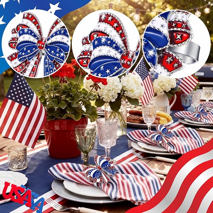 Geiserailie 6 Pieces Patriotic Napkin Rings 4th of July Bow Napkin Ring Holder - Image 5