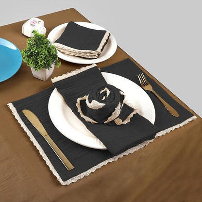 Fingercraft Dinner Cloth Napkin Cotton Muslin Double Gauze 4 Pack with Classic Lace for Everyday Use, Wedding, Party, Christmas, Easter Napkins Cloth are Pre Shrunk and Good Absorbency Black