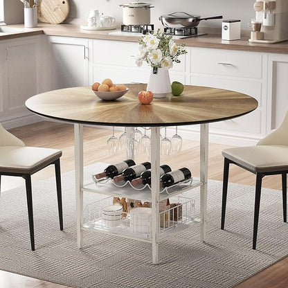 VFK 47 Inch Round Dining Table Set for 4-6 People, Large Farmhouse Kitchen Dining Table Set with Chairs and Storage Rack, Metal Base Round Table for Home Dining Room Living Room