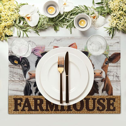 Cute Cow Farmhouse Placemats 4pcs, Farm Animal Tabletop Mat Rustic Style Non-Slip Washable Place Mats 12 x 18 Inch for Holiday Kitchen Dining Decor