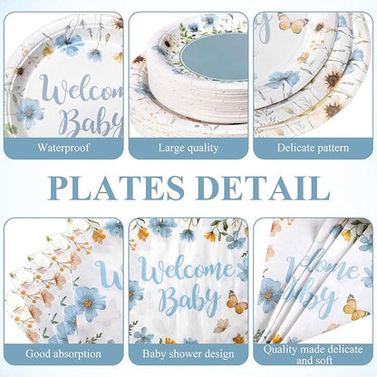 Pickmesh 250 Pcs Blue Floral Baby Shower Party Supplies Decorations Serve 50 - Image 2