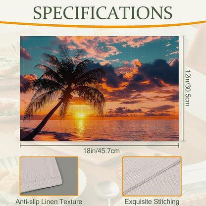 Tropical Palm Tree Table Placemats Set of 6,Non-Slip Summer Beach Sunset Fabric Placemats for Dining Room Kitchen Party Holiday, Indoor Cloth Table Mats for Home Decor 11.8x17.7 Inch