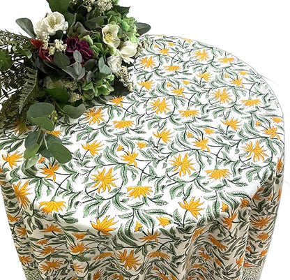 ATOSII Noor 100% Cotton Round Tablecloth, Handblock Print Floral Table Cloth for Kitchen Dining Linen I Parties, Weddings, Outdoors, Spring, Easter, Picnic Table Decor I 60" Inches Round
