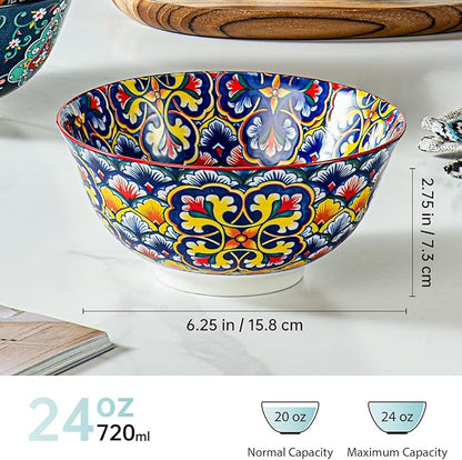 HENXFEN LEAD Boho Cereal and Soup Bowls Set of 6 – 24 oz Colorful Ceramic Bowl for Kitchen, Perfect for Oatmeal, Pasta, Salad, Dessert, Fruit – Microwave & Dishwasher Safe