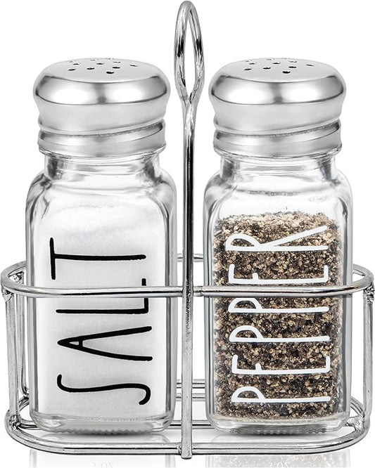 Clear Glass Salt and Pepper Shakers Set with Holder by Brighter Barns - Dining Table Countertop Accessories, Farmhouse Kitchen Decor - Glass Shakers with Caddy for Restaurant, BBQ, Camping, RV (Clear)