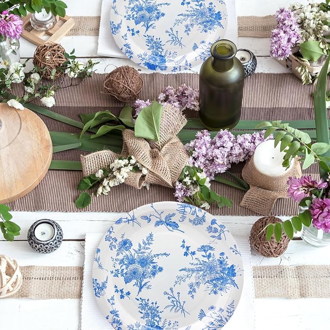 175Pcs Blue Floral Party Supplies Set 9"& 7"Blue White Floral Plates Napkins - Image 7
