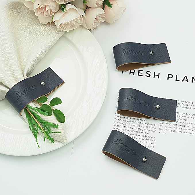 Navy Blue Napkin Rings Set of 6 – Elegant Leather Napkin Ring Holders, - Image 8