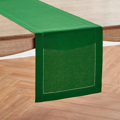 Solino Home Linen Garden Green Table Runner 90 Inches Long - 100% Pure Linen Hemstitch 14 x 90 Inch Table Runner for Dining, Winter, St Patricks Day, Easter - Classic Hemstitch