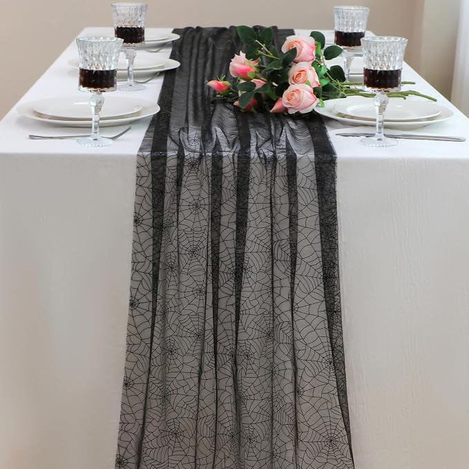 Snowkingdom Halloween Table Runner, 10 FT Black Spider Web Runners Metallic by Snowkingdom