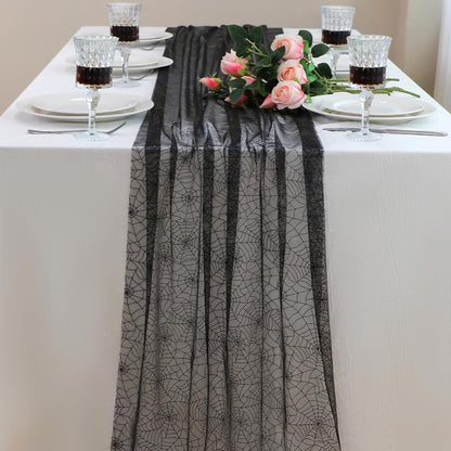 Snowkingdom Halloween Table Runner, 10 FT Black Spider Web Runners Metallic by Snowkingdom