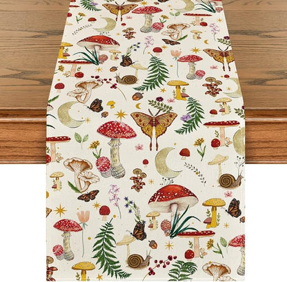 Artoid Mode Beige Modern Mushroom Table Runner, Seasonal Botanic Farmhouse by ArtoidMode
