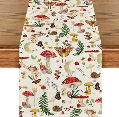 Artoid Mode Beige Modern Mushroom Table Runner, Seasonal Botanic Farmhouse by ArtoidMode