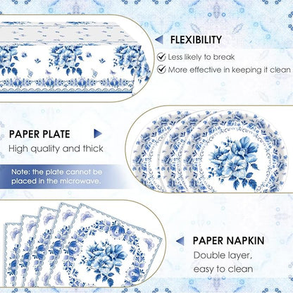 41Pcs Blue White Floral Party Decorations Disposable Tableware Set Serves 20 - Image 4