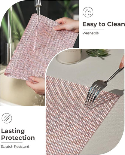 Leetaltree Luxury Pink Iridescent Placemats Set of 8 - Waterproof Washable for Wedding, Anniversary, Festive and Daily Use - Sparkling Table Mats Table Decor - Hand-Cut