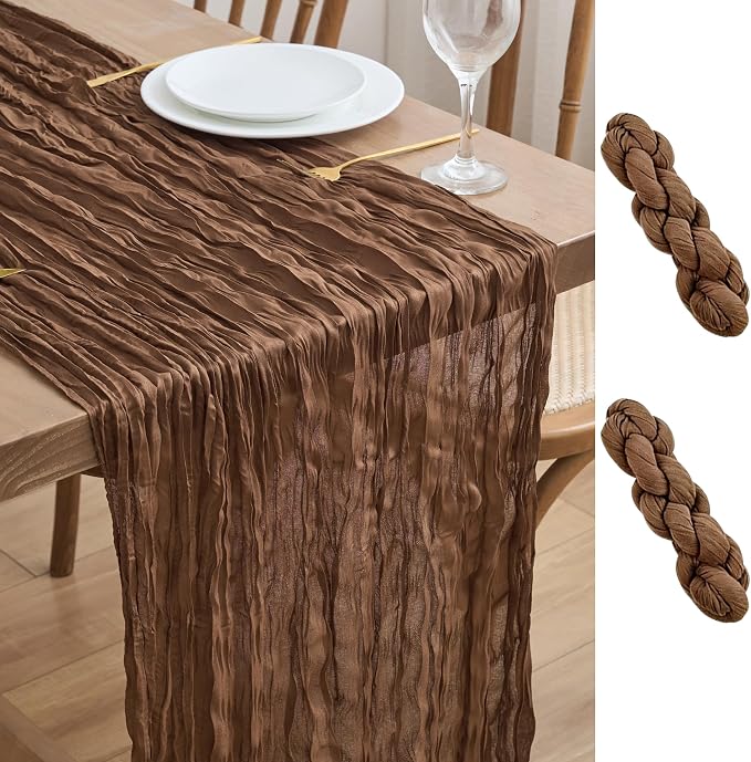 Asee'm 2pcs Brown Coffee Cheesecloth Table Runner 10FT Boho Rustic Fall | Sheer by Aseem