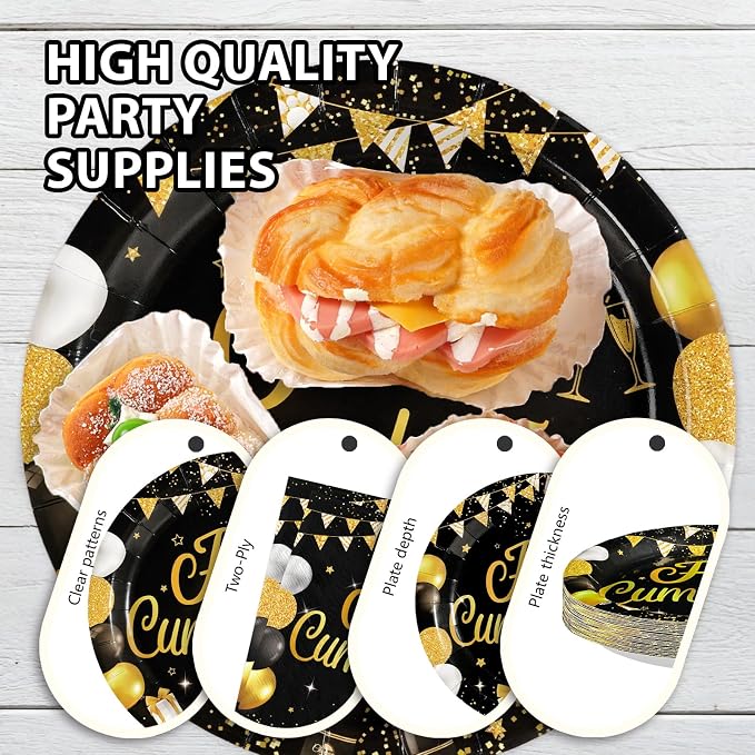 96 Pcs Feliz Cumpleaños Black and Gold Decorations, Serves 24 | Feliz - Image 6