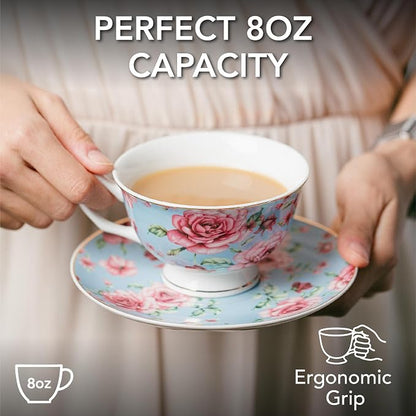 BTaT- Floral Tea Cups and Saucers, 8 oz, Fine Porcelain Teacup Set - Image 3
