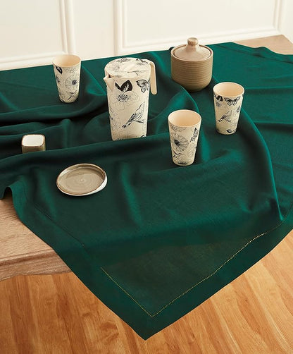 Solino Home Rainforest Green Linen Tablecloth 52 x 52 Inch - 100% Pure Linen Square Table Throw - Classic Hemstitch, Machine Washable Table Cloth for Winter, St Patricks Day