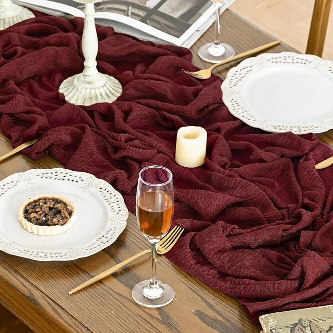 Artoid Mode Boho Cheesecloth Gauze Burgundy Wedding Table Runner, 160 Inch - Image 3