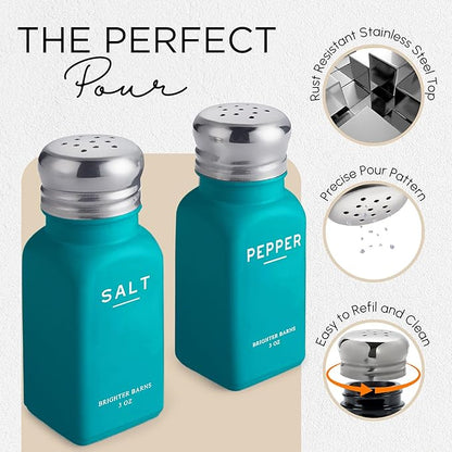 Teal Salt and Pepper Shakers Set with Holder by Brighter Barns - Turquoise Kitchen Decor, Modern Kitchen Essentials, Dining Table Decor - Salt Shaker with Caddy for Dining Room, Restaurants (Teal)