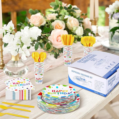 Kochorie 400 Pieces Happy Birthday Party Decorations Including Disposable Paper Plates Cups Napkins Tableware Sets Serves 50 for Birthday Party Supplies