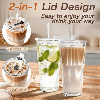 20oz Glass Tumblers with Lids and Straws, Ribbed Glassware - Image 4
