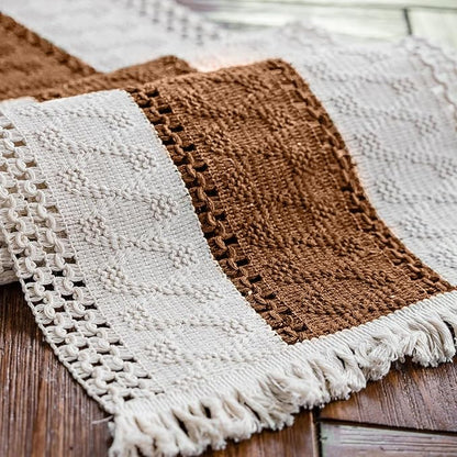 Macrame Table Runner Cream Beige and Caramel Boho Table Runners - Image 5