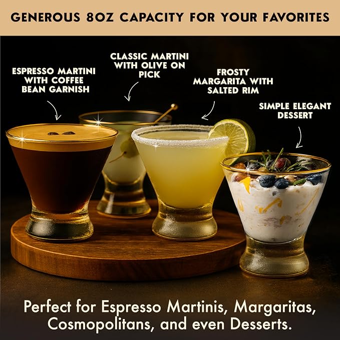 VEMACITY Stemless Martini Glasses Set of 4 | Hand-Applied Gold Rim | Includes - Image 5