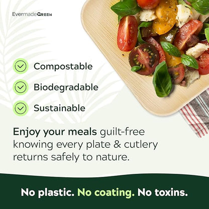 Bamboo Plates with Cutlery - Set of 50 Plates (8in) + 50 Forks + 50 Knives | Biodegradable Palm Leaf Plates | Disposable Dinner Plates | Rustic Dinnerware for Christmas, Wedding, Party