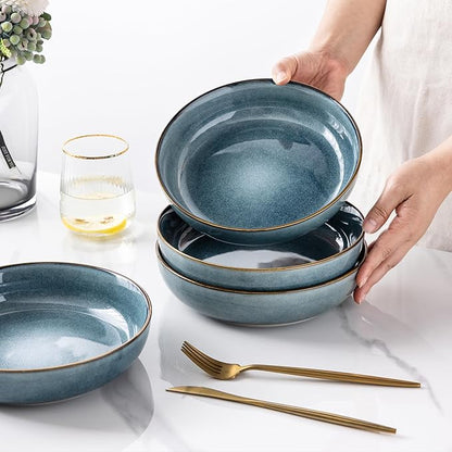 GBHOME 8.75'' Large Ceramic Pasta Bowls, 38oz Stoneware Pasta Serving Bowls Set of 4 for Kitchen, Wide Bowls for Fruit,Pasta,Salad,Oatmeal,Meal, Microwave Safe, Reactive Glaze-Space Blue