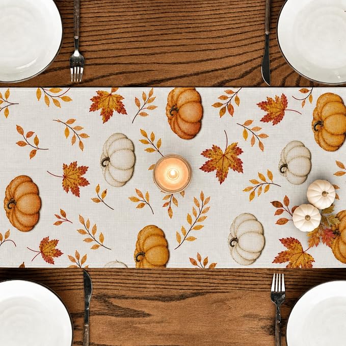 Orange Pumpkins Maple Leaves Table Runner, 13 x 72 Inch, Thanksgiving | - Image 5