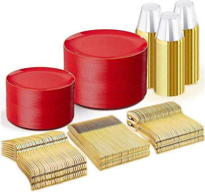 WDF 300Pcs Red Disposable Plates - Red Plastic Plates - 50guest Disposable Dinnerware Include 50 Dinner Plate, 50 Dessert Plate, 150 Cutlery & 50 9oz Cups for Valentine's Day & Parties