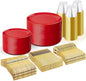 WDF 300Pcs Red Disposable Plates - Red Plastic Plates - 50guest Disposable Dinnerware Include 50 Dinner Plate, 50 Dessert Plate, 150 Cutlery & 50 9oz Cups for Valentine's Day & Parties
