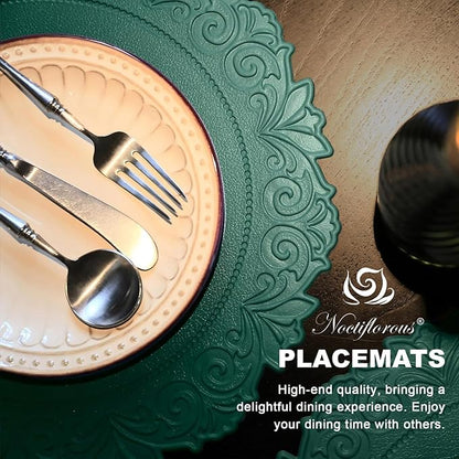 Noctiflorous Round Faux Leather 15 Inch Placemats Set of 4 Waterproof Wipeable Heat Resistant Tablemat for Dining Table Kitchen Non Slip Oilproof Table Place Mat for Indoor Outdoor(Green, 4)