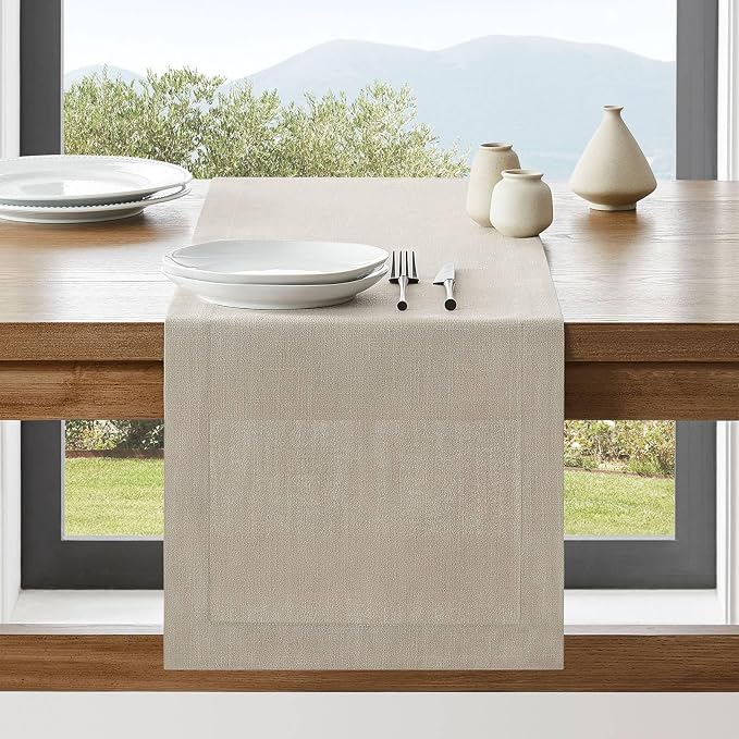 Linen Textured Border Table Runner, 14 x 108 Inch Natural | Mitered Corner by ZEEMARTONLINE